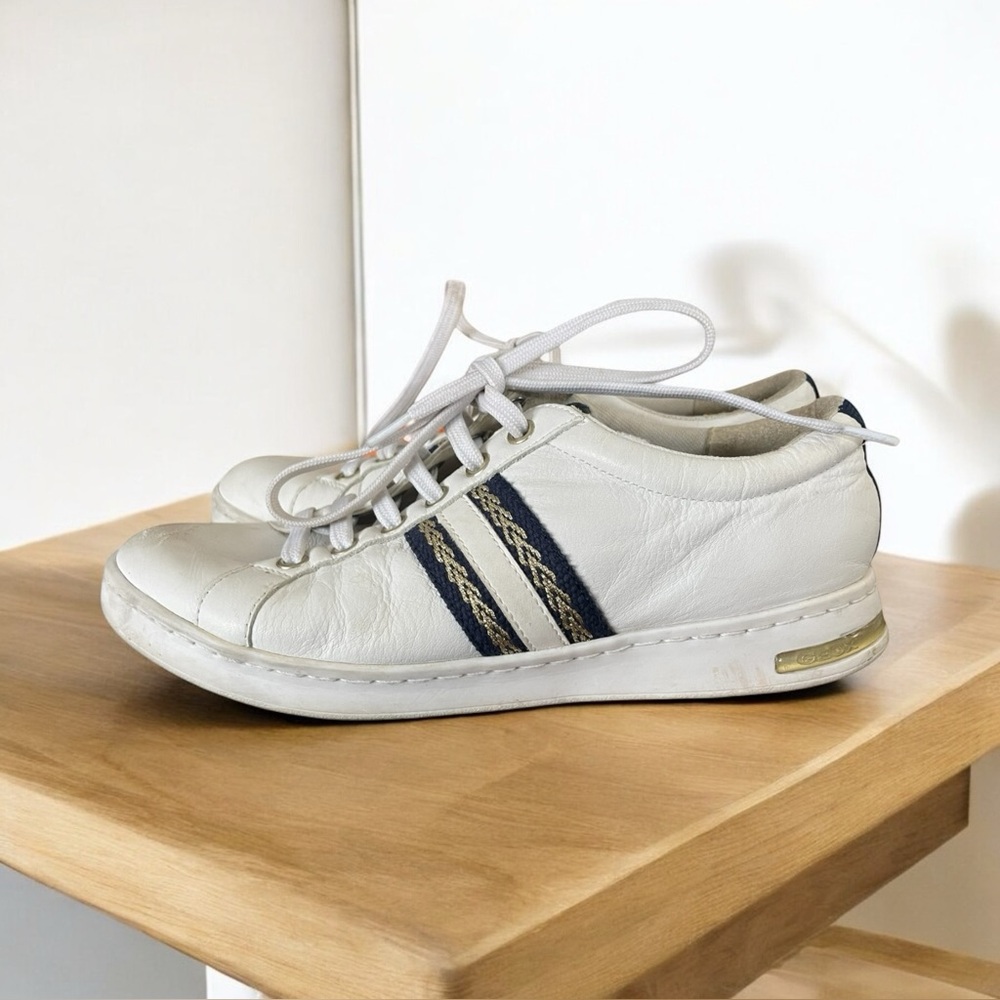Geox Women's D Jaysen Sneakers white with blue stripes gold size 7 Synthetic